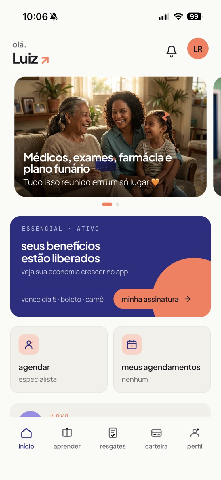 tela inicial do app da benefisa: saudação pelo primeiro nome, banner dos benefícios, cartão do plano essencial ativo com a data de vencimento e atalhos para agendar consulta e ver os agendamentos