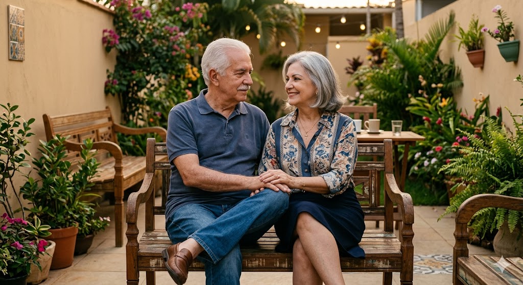 casal idoso sorrindo no jardim, com tranquilidade de quem é cuidado