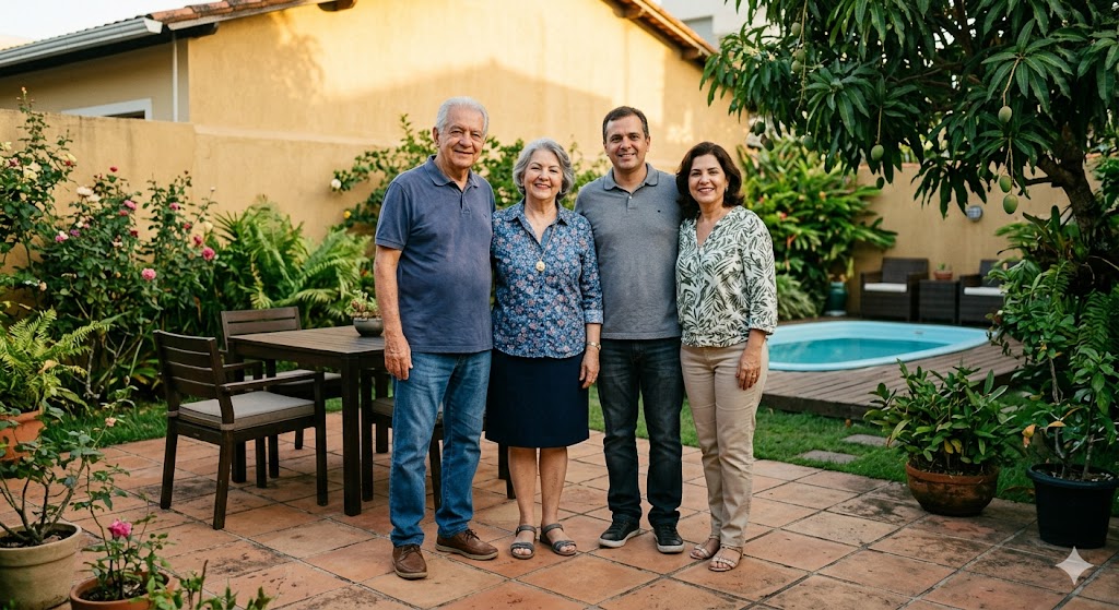 família reunida no quintal de casa, sorrindo, em momento de cuidado em conjunto