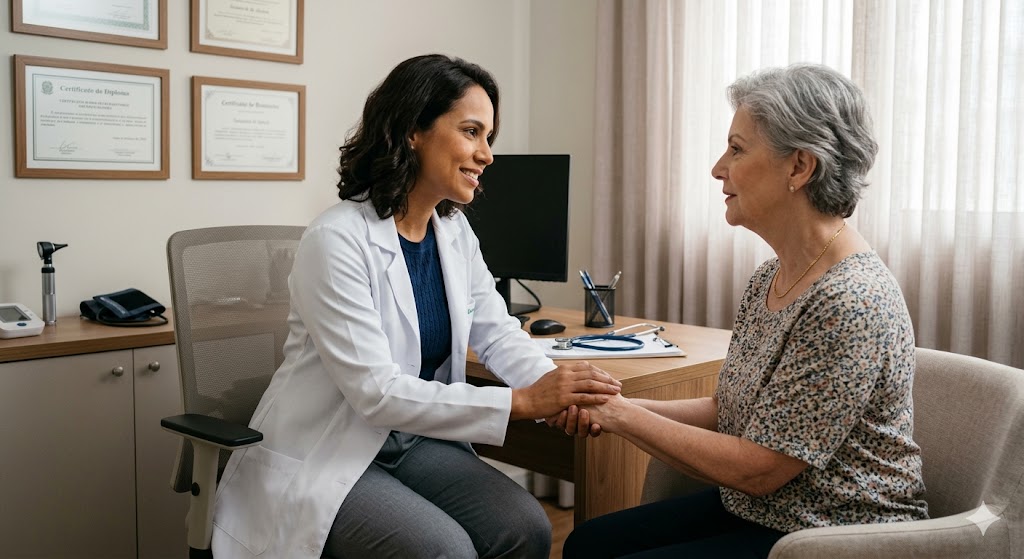médica conversando com paciente em consulta presencial