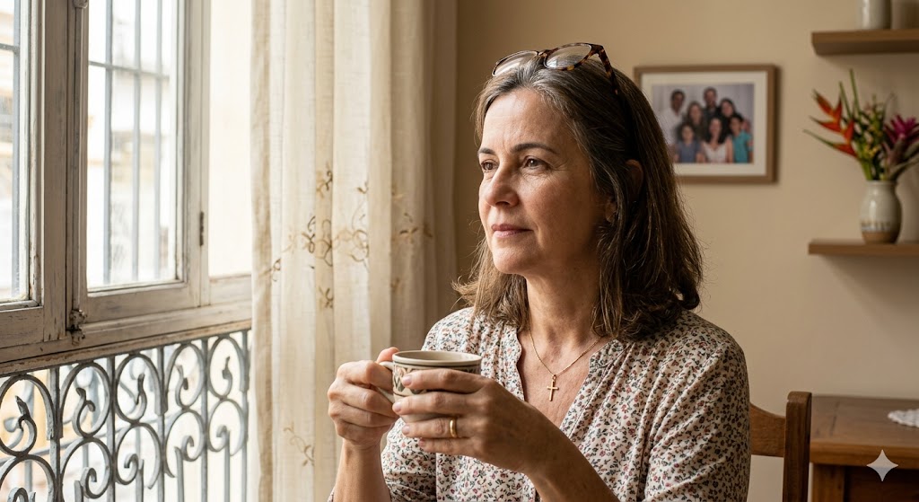 mulher tomando café observando pela janela